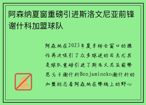 阿森纳夏窗重磅引进斯洛文尼亚前锋谢什科加盟球队 阿森纳夏窗重磅引进斯洛文尼亚前锋谢什科加盟球队